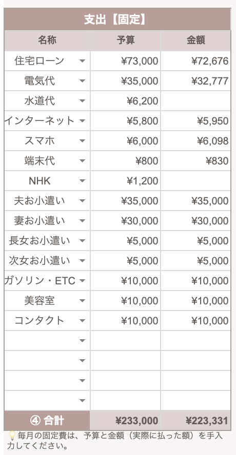 支出【固定】の表