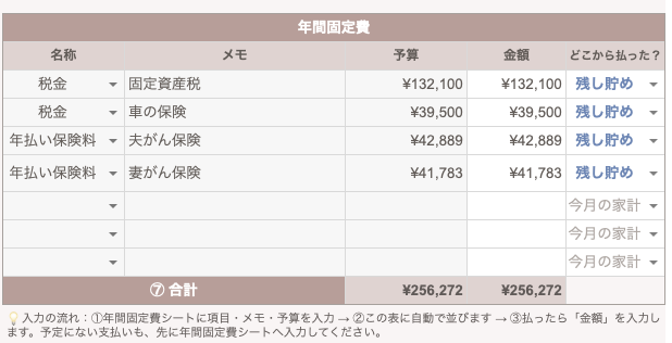 毎月の家計簿の年間固定費の表