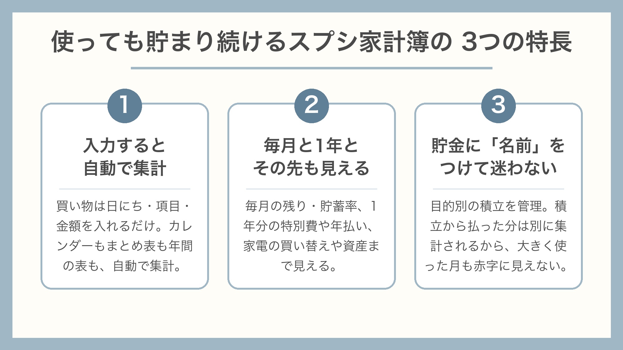 使っても貯まり続けるスプシ家計簿の3つの特長