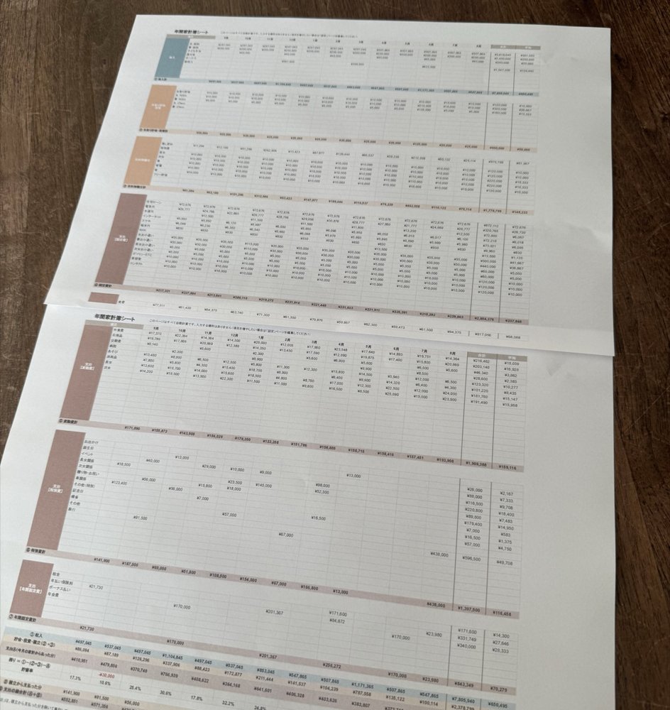 年間家計簿をA4縦2枚に印刷した紙
