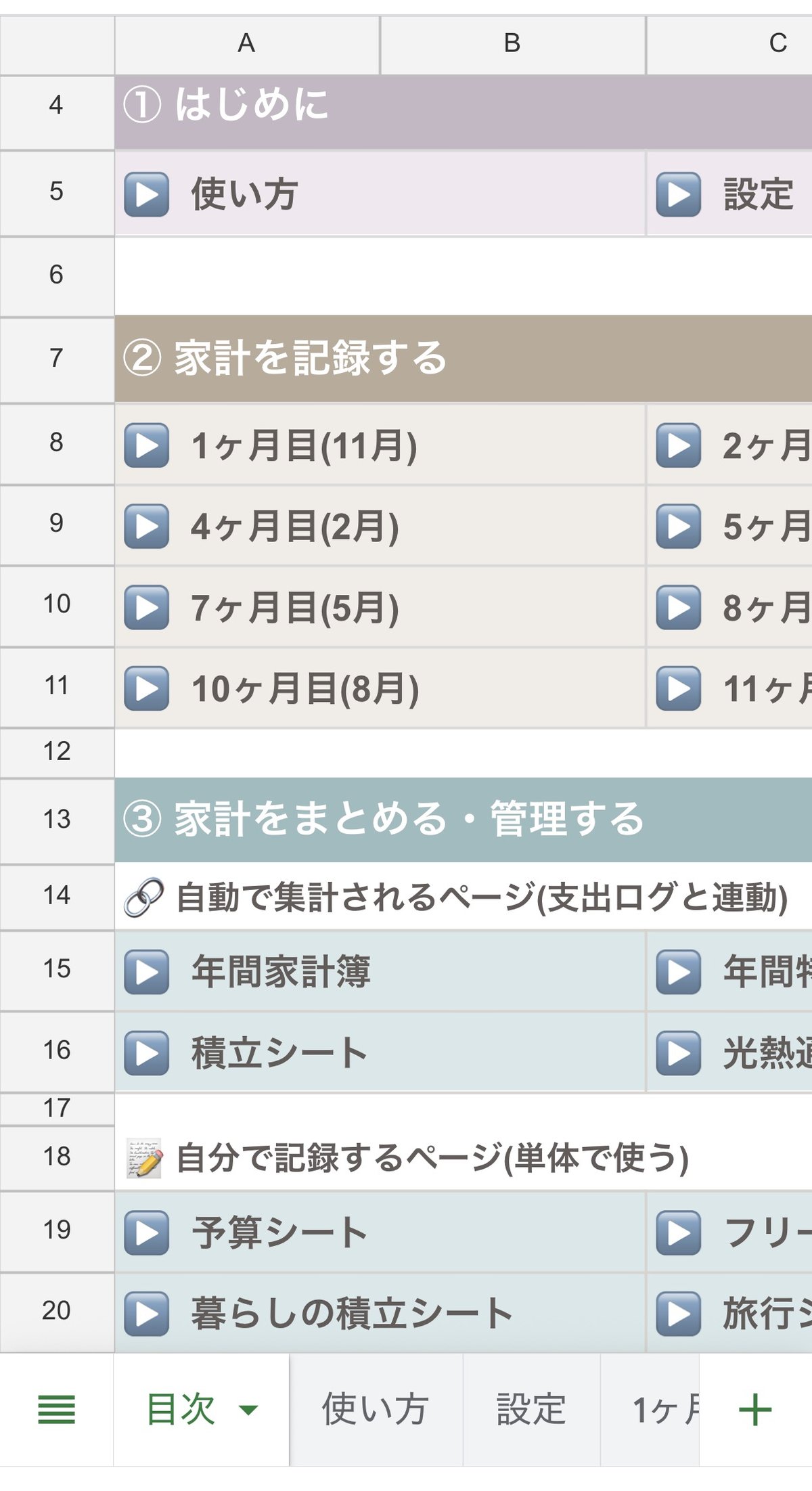 アプリで家計簿を開いたところ(目次シート)