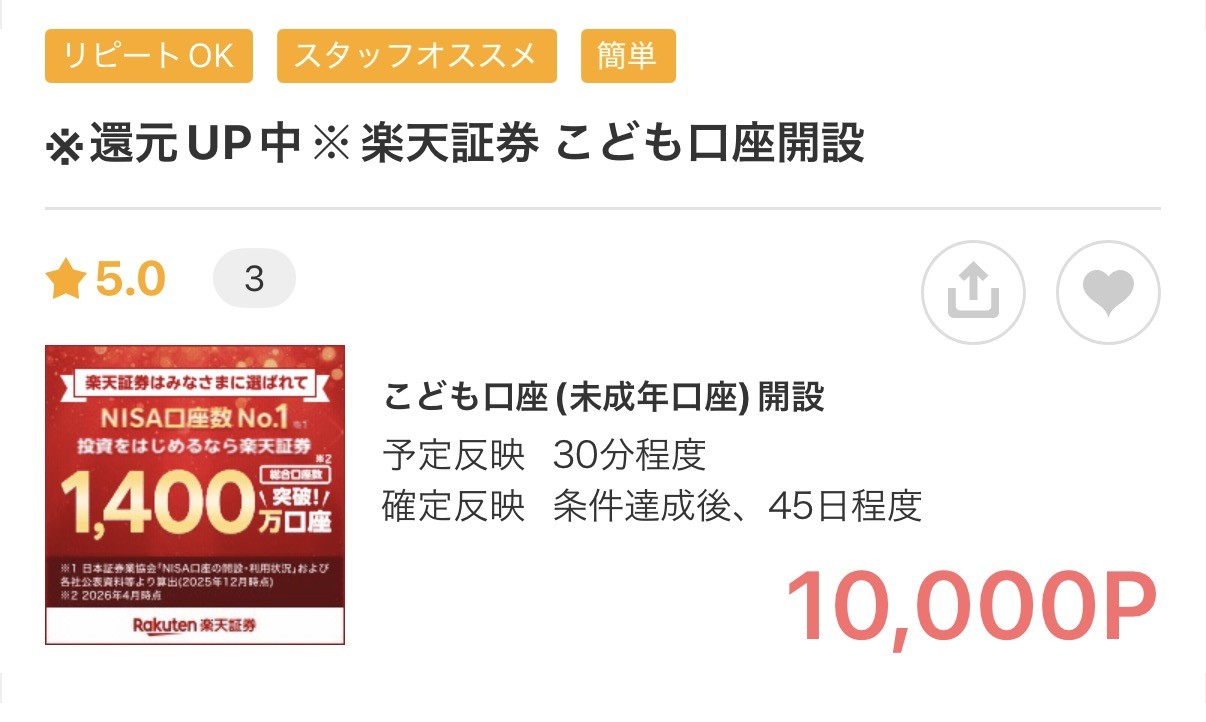 モッピーの楽天証券こども口座開設の広告画面。10,000P