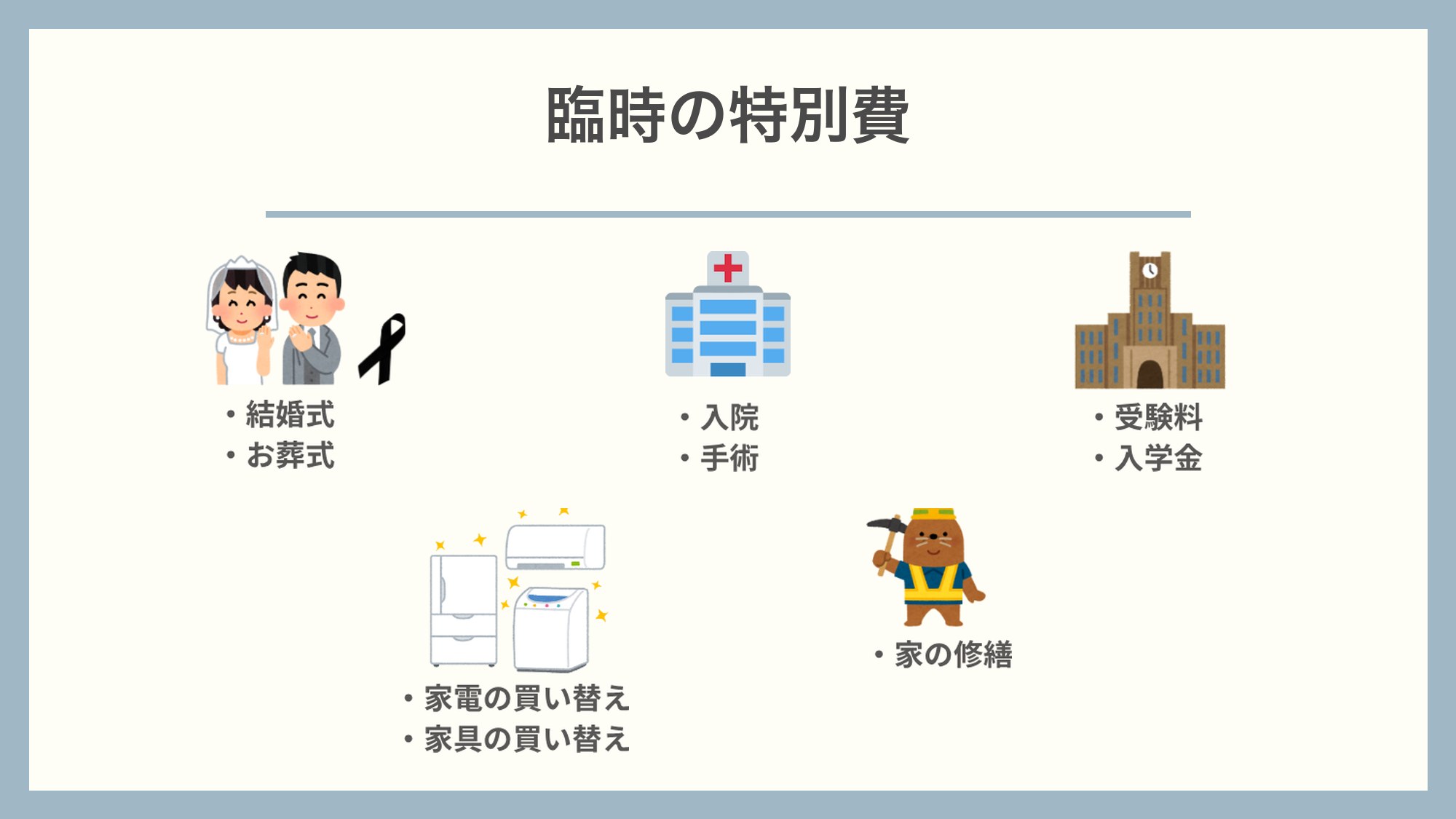 臨時の特別費の例(結婚式・お葬式・入院・受験料・家電の買い替え・家の修繕)