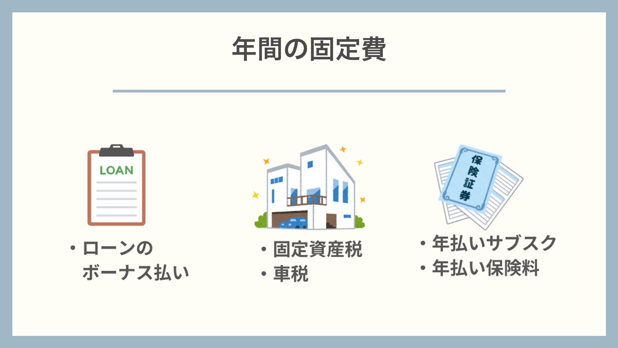 年間の固定費の例(ローンのボーナス払い・固定資産税・車税・年払い保険料など)