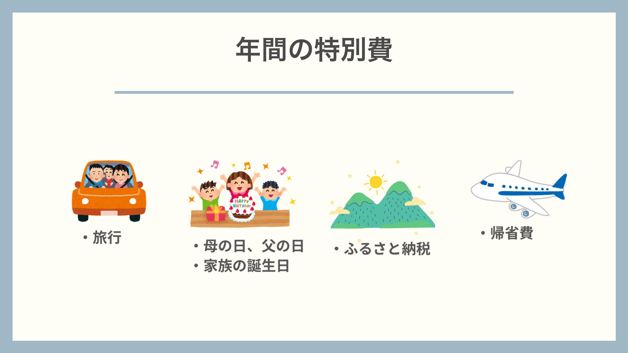 年間の特別費の例(旅行・母の日・父の日・家族の誕生日・ふるさと納税・帰省費)
